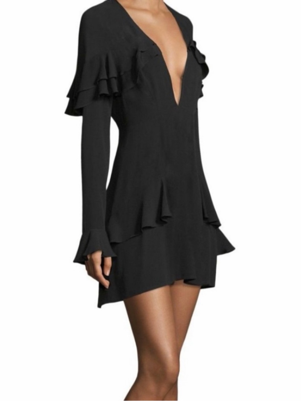 For Love & Lemons Black Deep V Ruffle Claire Mini Dress